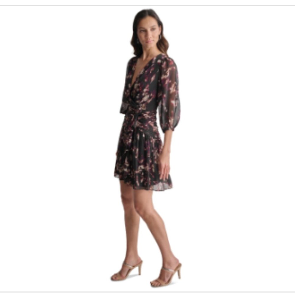 Dkny Women's Crinkle-Chiffon Faux-Wrap Mini Dress - Black/Raisin - Picture 2 of 4